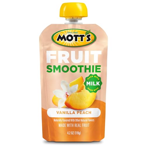 Motts Fruit Smoothies Vanilla Peach, 4.2 oz clear pouches, 24 Count (6 Packs of 4), Made With Milk, Made With Real Fruit, Good S
