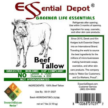 Beef Tallow - 7 lbs - Grass Fed - Non-GMO - Food Grade - Free from Lactose-Gluten-Glutamate-BSE - microwavable PP container, loc