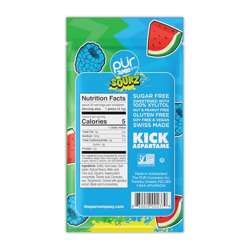 PUR Gum Jumbo SOURZ Chewing Gum - Aspartame Free, 100% Xylitol, Sour Blue Raspberry & Watermelon, 20 Count (Pack of 1)