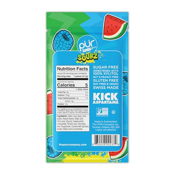 PUR Gum Jumbo SOURZ Chewing Gum - Aspartame Free, 100% Xylitol, Sour Blue Raspberry & Watermelon, 20 Count (Pack of 1)