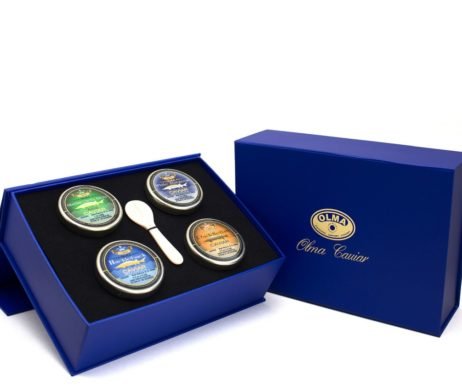 Olma Classic Caviar Gift Box - 2 oz Siberian Osetra, White Sturgeon, Paddlefish, Hackleback Roe & Mother of Pearl Spoon