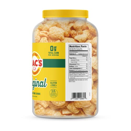 Mac's Pork Rinds, Original Fried Pork Skins, 7.5 oz Canister - Zero Carbs, Keto Friendly, Gluten Free Snack