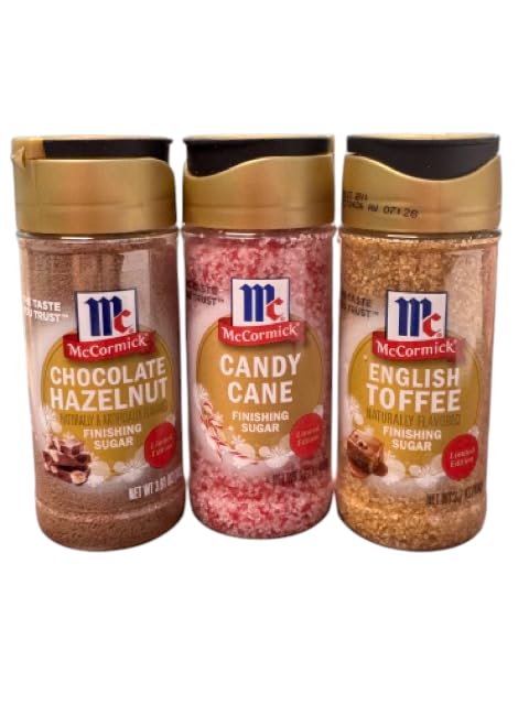 McCormick Holiday Finishing Sugar Variety Pack  Chocolate Hazelnut  Candy Cane  English Toffee Flavors  Limited Edition Dessert Topping  3 Count