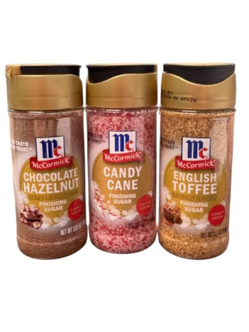 McCormick Holiday Finishing Sugar Variety Pack  Chocolate Hazelnut  Candy Cane  English Toffee Flavors  Limited Edition Dessert Topping  3 Count