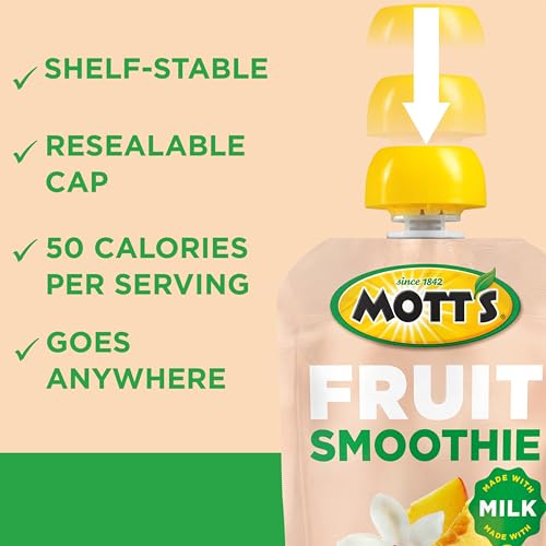 Motts Fruit Smoothies Vanilla Peach, 4.2 oz clear pouches, 8 Pack, Made With Milk, Made With Real Fruit, Good Source of Calcium,