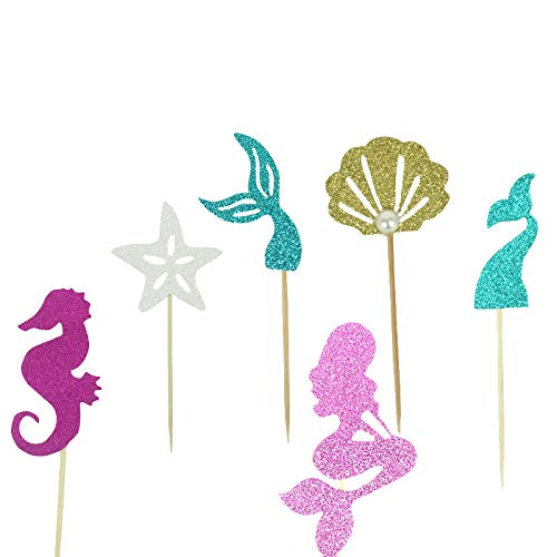 Wootkey Glitter Mermaid Theme Birthday Cake Topper Under The Sea Party Supplies Cake Decoration Cupcake Toppers 36 Pcs Mermaid T