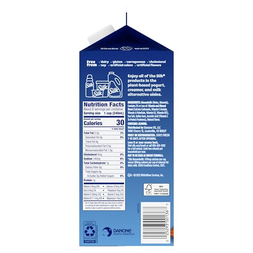 Silk Almond Milk, Unsweet Vanilla, Dairy Free, Gluten Free, Seriously Creamy Vegan Milk with 50% More Calcium than Dairy Milk, 6