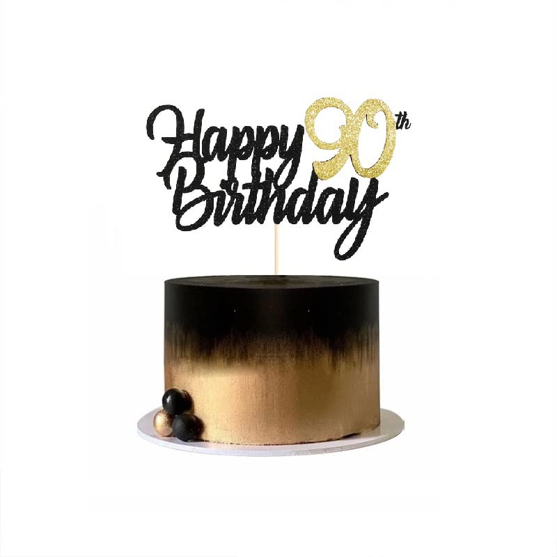 JUTTIRA 90th Birthday Cake Topper Glitter Anniversary Decoration Gold Bamboo for Men Women