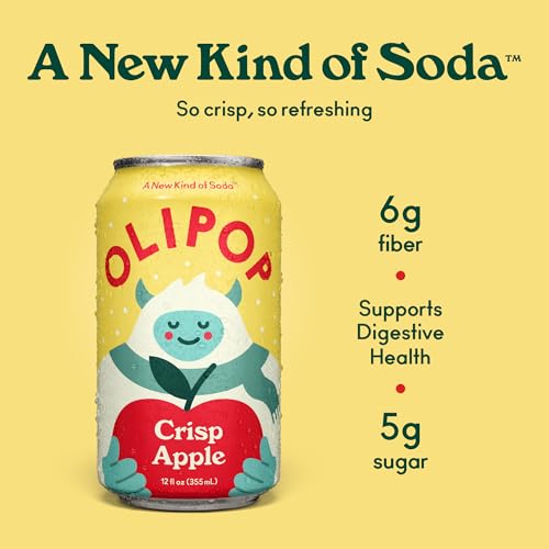 OLIPOP Prebiotic Soda Pop  Crisp Apple  Pantry Pack Packed with Prebiotics  Fiber  and Botanicals  Gluten Free  Vegan  GMO Free  12oz (12-Cans)