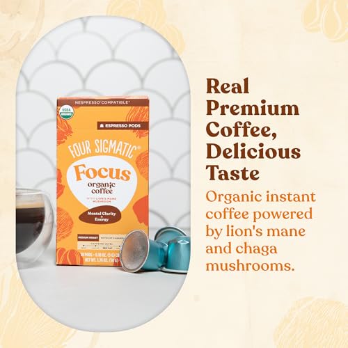Four Sigmatic Focus Coffee Pods Compatible with Nespresso Original | Organic Medium Roast Espresso with Added Focus | Mushroom Coffee Enhanced with Lions Mane | Medium Roast 10ct