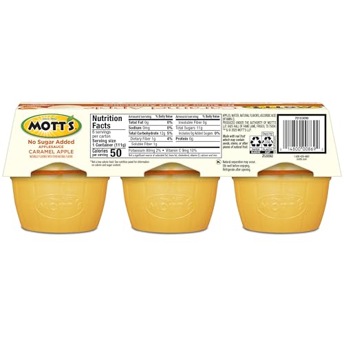 Motts No Sugar Added Caramel Apple Applesauce Cups, 3.9 oz cups, 72-count, Made With Real Fruit, Good Source of Vitamin C, On-th