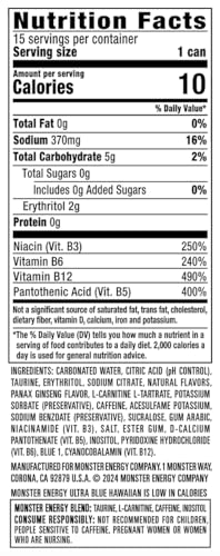 Monster Energy Ultra Blue Hawaiian Sugar Free Energy Drink, 16 oz, Pack of 15 - Refreshing Energy Boost, Zero Sugar, Great Taste