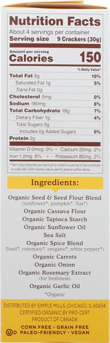 Simple Mills Organic Seed Crackers Garlic & Herb - Gluten Free Vegan Healthy Snacks Paleo Friendly 4.25 Ounce (Pack Of 1)