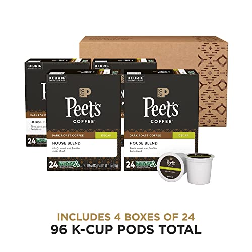Peets Coffee Dark Roast Decaffeinated K-Cup Pods, 96 Count (4 Boxes of 24), Decaf House Blend, Model 515045