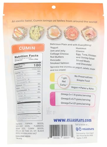 Ellas Flats All Seed Cracker Crisp, Cumin, Vegan, Keto & Paleo Friendly, Gluten Free & Non-GMO, 4.8 Ounce (Pack of 6)