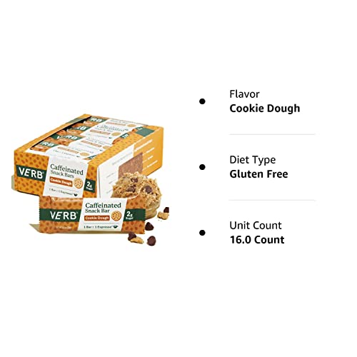 Verb Caffeinated Energy Bars Chocolate Chip Cookie Dough (26G, Pack Of 16) 110-Calorie Delicious Energy Bar, Gluten Free On-The Go Snack With 80Mg Green Tea Caffeine, Only Real-Food Ingredients