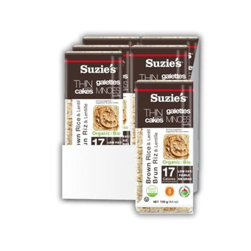 Suzie's Organic Lentil & Brown Rice Cake Thins|6 Pack|USDA Organic, NON-GMO, Fat-Free, Sugar-Free, Gluten-Free|Low-Calorie Snack