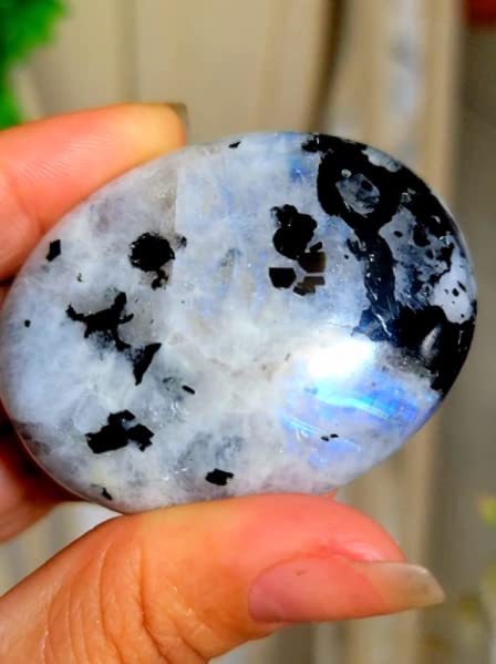 Rainbow Moonstone Large Palm Stone - Pocket Massage Worry Stone For Natural Body Chakra Balancing, Reiki Healing And Crystal Gri