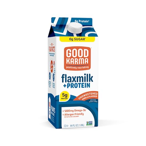 Good Karma Unsweetened Vanilla Flaxmilk +Protein, 64 Ounce, 5g Plant Protein + 1200mg Omega-3 Per Serving, Plant-Based Non-Dairy