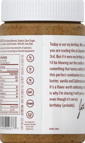 Justins Vanilla Almond Butter, Gluten-free, Non-GMO, Vegan, Sustainably Sourced, 16 Ounce Jar (Pack of 2)