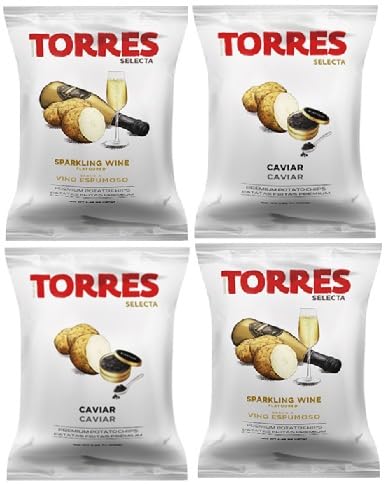 (Unique Flavors) [4 Pack] Caviar & Beverage-Inspired - Torres Spanish Potato Chips Patatas Fritas Variety Pack Made In Barcelona  Scomfort Support - 2 Pack Caviar (40G) + 2 Pack Sparking Beverage-Inspired (50G)