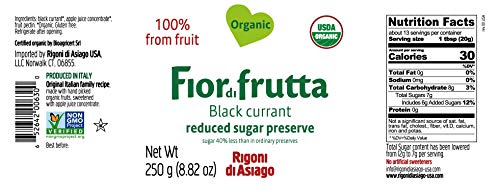 Rigoni Di Asiago Fiordifrutta Organic Fruit Spread, Black Currant, 8.82 Ounce (Pack Of 6)
