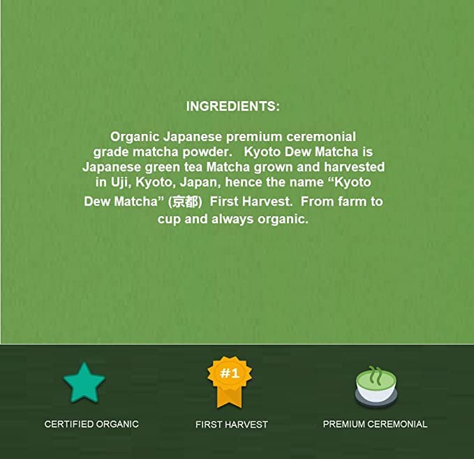 Kyoto Dew Matcha Organic Ceremonial Grade Matcha Green Tea Powder – 3.5oz Bag – USDA & JAS Certified, No Fillers or Sugar