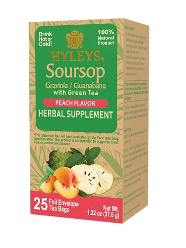 12 Pack of Hyleys Wellness Natural Soursop With Green Tea Peach Flavor - 25 Tea Bags (100% Natural, Sugar Free, Gluten Free & No