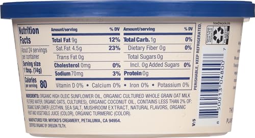 MIYOKOS CREAMERY Organic Oat Milk Butter, Spreadable, Hint of Sea Salt, 12 Oz Tub, (1-Pack)