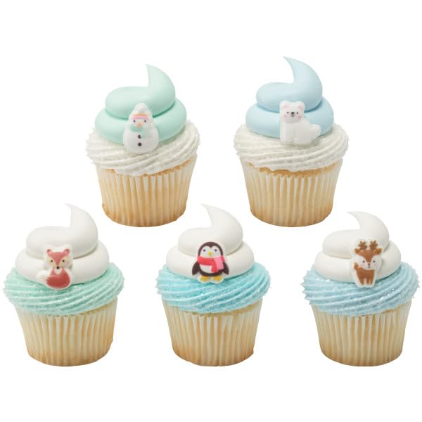 Winter Animal Friends - Penguin, Fox, Snowman, Reindeer, And Polar Bear Edible Sugar Cake Toppers, 12 Count