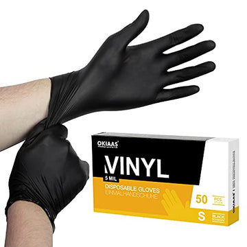 Okiaas Black Disposable Gloves Small, Vinyl Gloves Disposable Latex Free, 5 Mil, 50 Count, For Food Prep, Household Cleaning, Ha