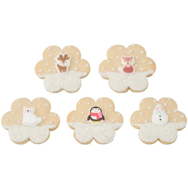 Winter Animal Friends - Penguin, Fox, Snowman, Reindeer, And Polar Bear Edible Sugar Cake Toppers, 12 Count