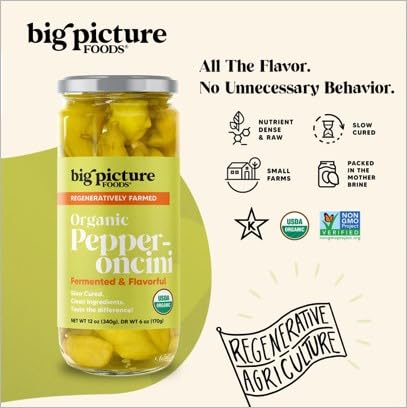 Big Picture Organic Pepperoncini/Whole in Jar - Zesty Macedonian Green Peppers for Antipasti Excellence! Whole  Regeneratively Farmed  and Bursting with Nutrients - Net Wt. 12oz (340g)