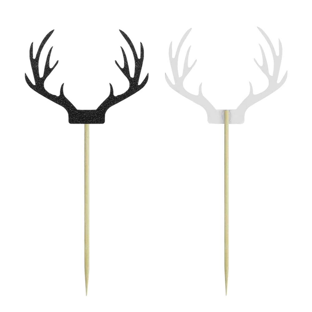 Saktopdeco 20 Counts Black Deer Antler Cake Topper Glitter Paper Christmas Reindeer Cupcake Toppers Picks For Themed Party Decor