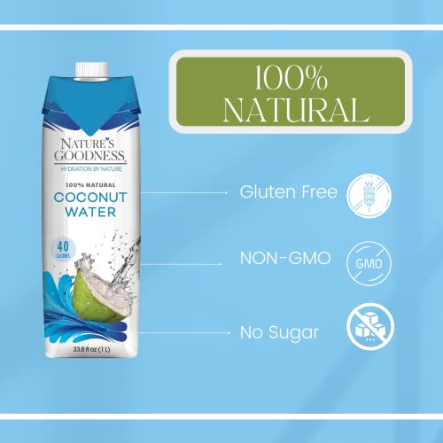 6 Pack of Natures Goodness Coconut Water - 33.82 Fl Oz 1(L) (No Pulp, Sugar Free, Vegan, Hydrating Naturally)