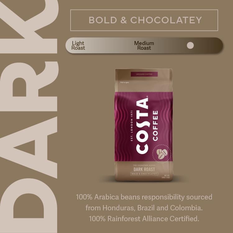 Costa Coffee Ground Coffee Signature Blend Dark Roast, 12oz, Rainforest Alliance Certified