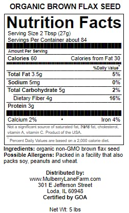 Brown Flax Seed 5 Pounds (Flaxseed) Whole, Raw, Usda Certified Organic, Non-Gmo, Product Of Usa, Mulberry Lane Farms
