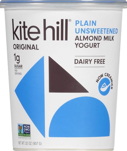 Kite Hill Plain Unsweetened Almond Milk Yogurt, 32 Ounces, Dairy Free, Live and Active Cultures, Gluten Free, Non-GMO, Vegan