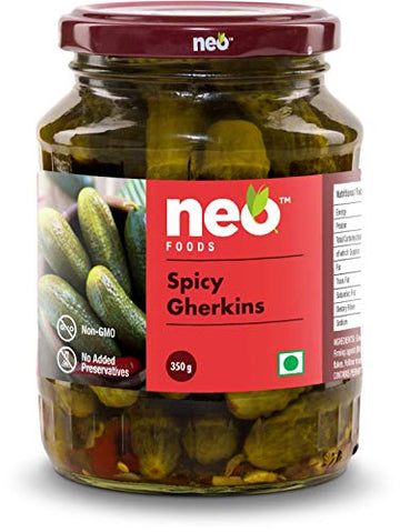 Neo Spicy Gherkins 350g I 100% Vegan, No GMO I Low Fat Sweet and Crunchy Pickles, Ready to Eat I Enjoy as Salads (Pack of 1)