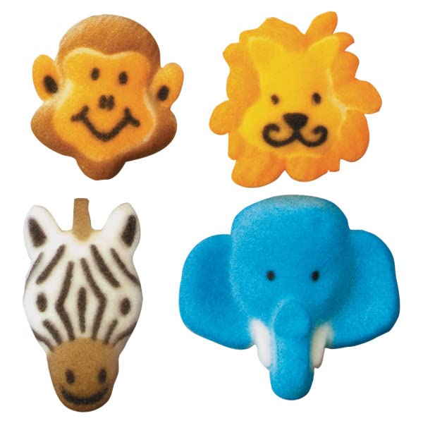 Jungle Zoo Animals - Monkey, Lion, Zebra and Elephant Edible Sugar Cake Toppers, 12 Count