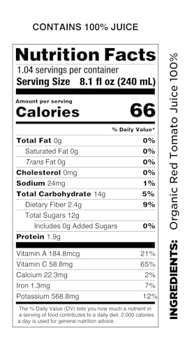Pomona Organic Juices Pure Tomato Juice  8.4 Ounce Bottle (Pack of 12)  Cold Pressed Organic Juice  Non-GMO  No Sugar Added  Not from Concentrate  Gluten Free  Kosher Certified  Preservative Free