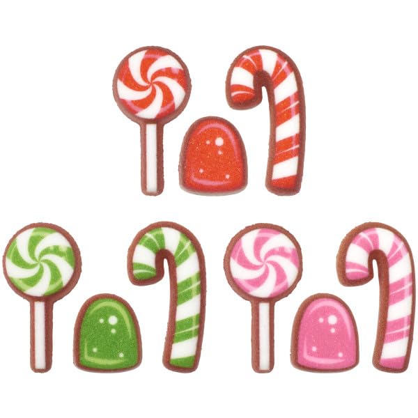Red, Green, and Pink Lollipop, Candy Cane, Gum Drop Shape Edible Sugar Cake Toppers, 12 Count