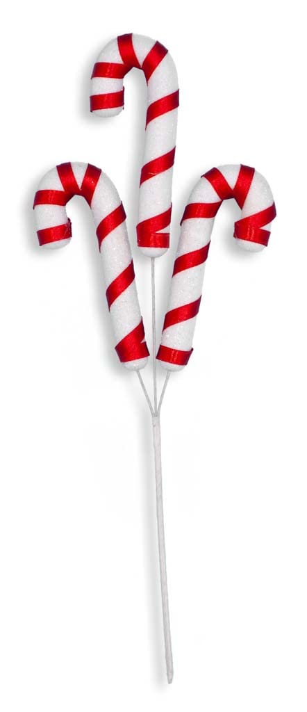 Christmas Candy Cane Picks - 3 Red & White Candy Canes On A Wired Pick - Set Of 6 Picks