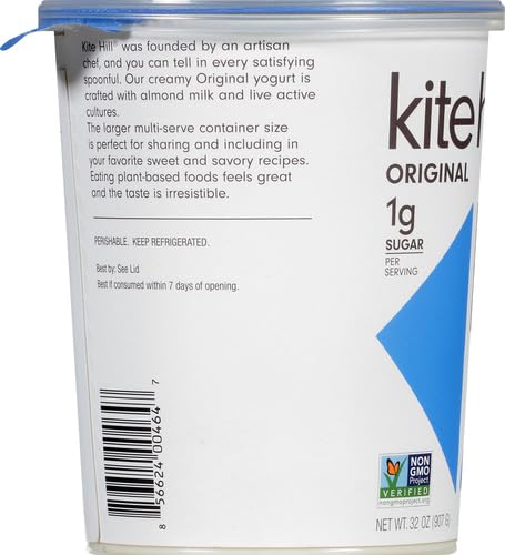 Kite Hill Plain Unsweetened Almond Milk Yogurt, 32 Ounces, Dairy Free, Live and Active Cultures, Gluten Free, Non-GMO, Vegan