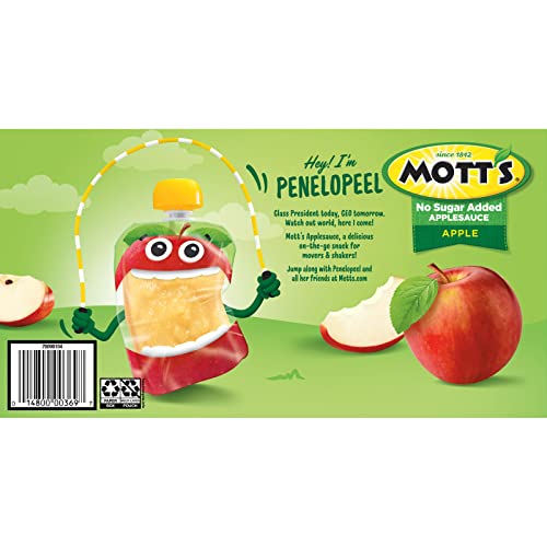 Mott s No Sugar Added Applesauce, 3.2 oz clear pouches, 12 Count (Pack of 8)