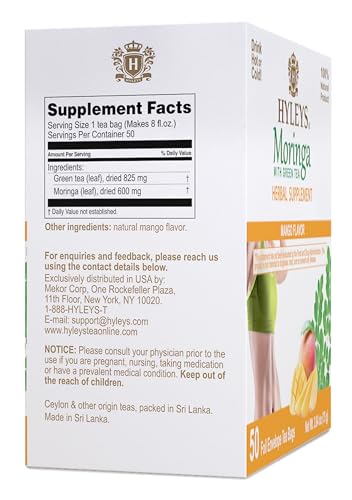 Hyleys Moringa Oleifera and Green Tea Mango Flavor - 50 Tea Bags - Superfood  Tree Tea with Dried Moringa Oleifera Leaves