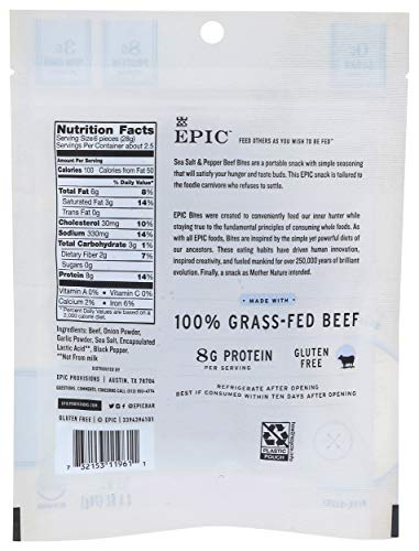 Epic Beef Sea Salt Pepper Bites, Jerky, Keto Friendly, Whole30, 2.5 Oz Pouch
