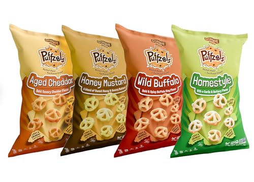 Unique Snacks Puffzels Variety Pack, Aged Cheddar And Honey Mustard, 2 Bags Of Each, Gluten-Free Snacks, 4.8 Ounce Snack Bags, Pack Of 4