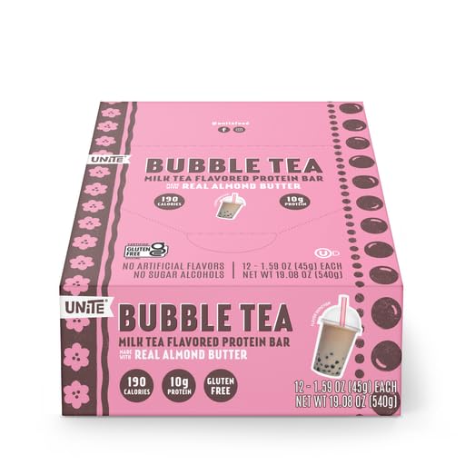 UNiTE Bubble Tea Protein Bars, 10g Protein, Gluten & Soy Free, 12 Count, Almond Butter, Portable Snack