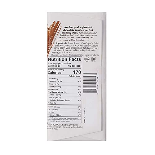 Theo Black Rice Quinoa Crunch Organic Dark Chocolate Bar, 85% Cacao, 1 Bar | Vegan, Fair Trade